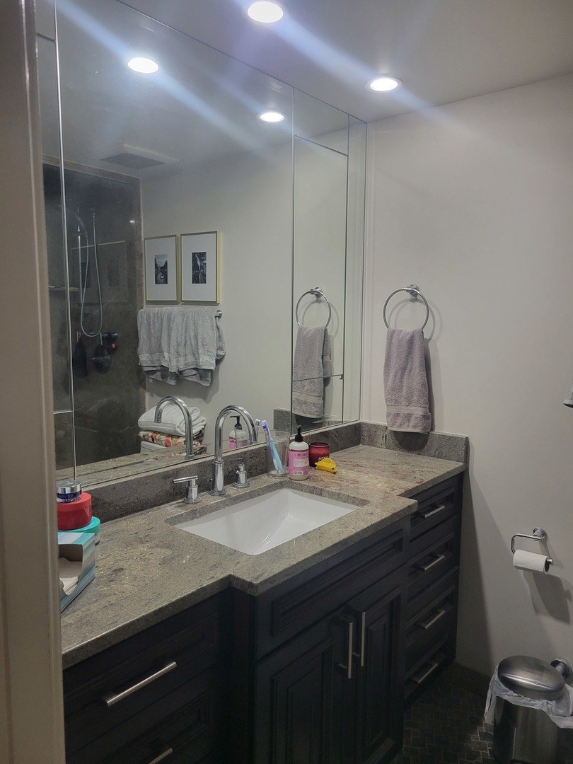 111 East Chestnut Street, Unit 20D Chicago, IL 60611 - Photo 5 of 8 a bathroom with a granite countertop sink a mirror and shower