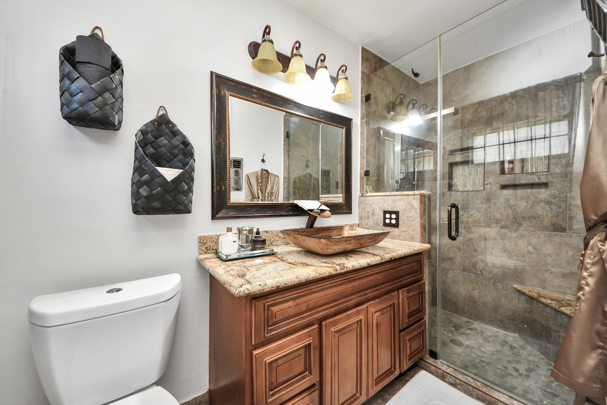 3901 Jeanetta Street Houston, TX 77063 - Photo 25 of 41 Primary bathroom features walk in oversized shower with bench and upgraded vessel sink.