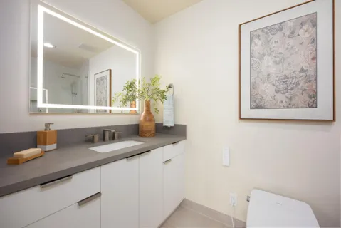 a bathroom with a sink and a mirror