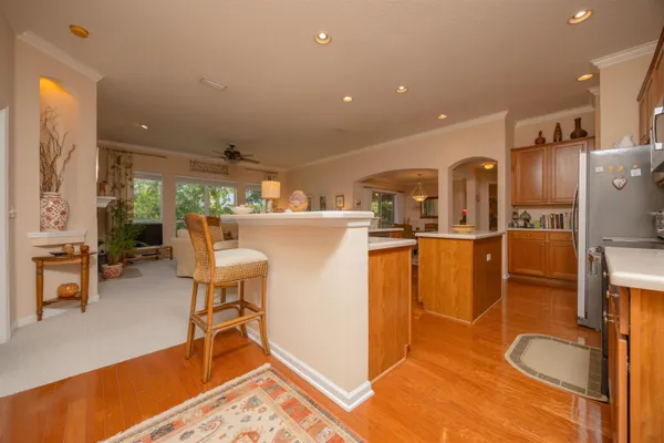 a view of a backyard with plants and a patio