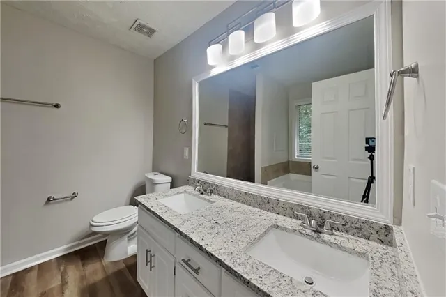 a bathroom with a granite countertop sink a toilet and a mirror
