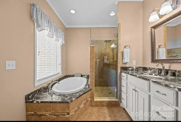 a bathroom with a granite countertop sink a mirror and a shower
