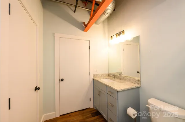 a bathroom with a sink vanity and a mirror