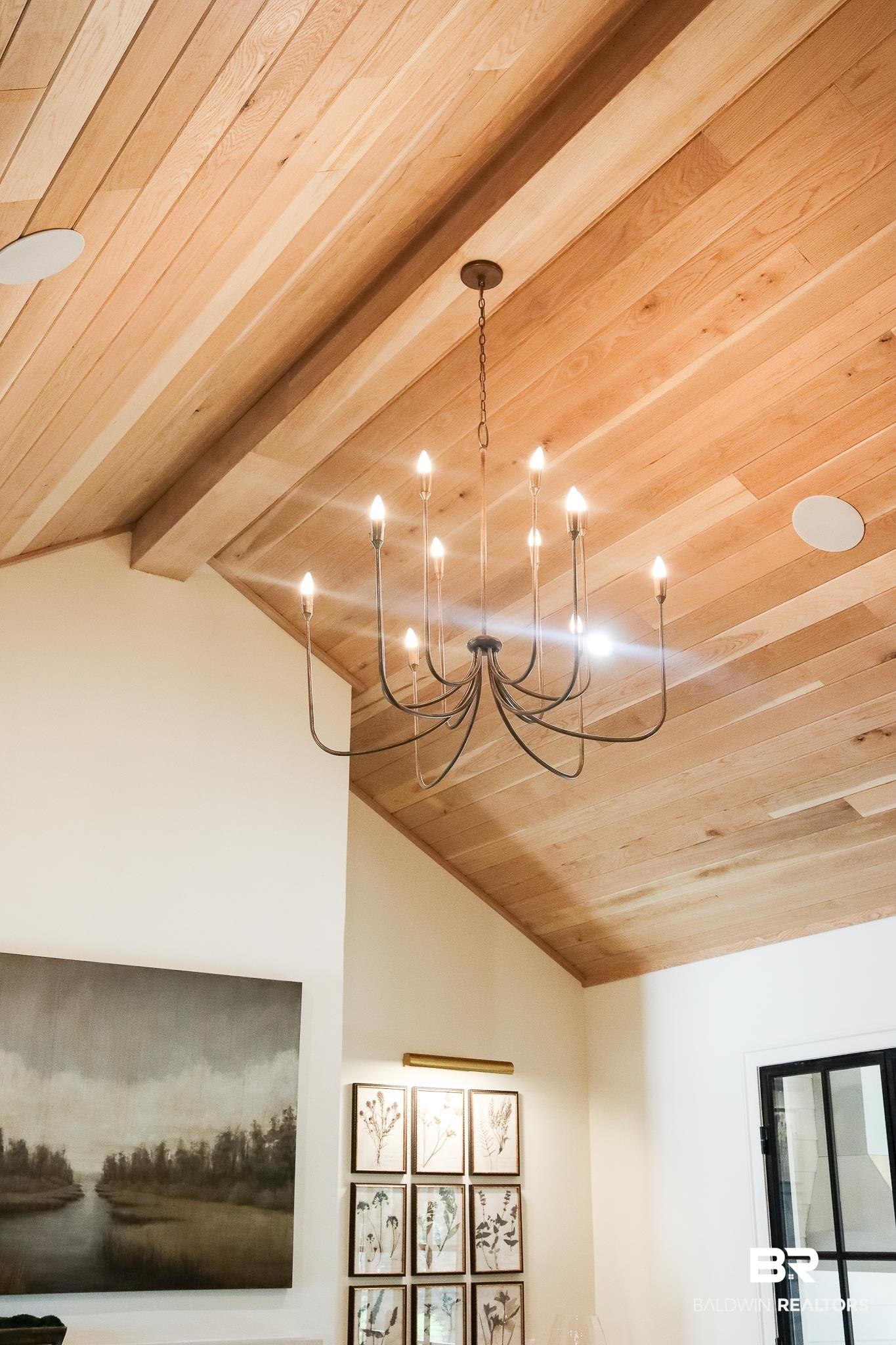 7248 Parker Road Fairhope, AL 36532 - Photo 20 of 55 Detailed view of a wooden ceiling with exposed beams and a chandelier