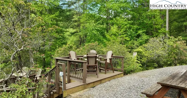 a view of a lush green forest with a mountain