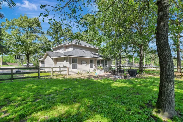 a garden view with a seating space