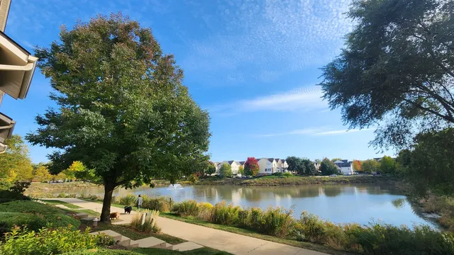 a view of a lake with houses in the back