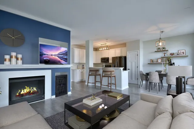 a living room with furniture and a fireplace