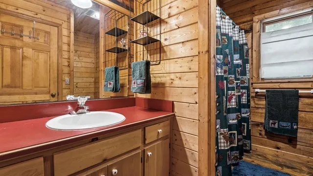 a bathroom with a sink and a mirror