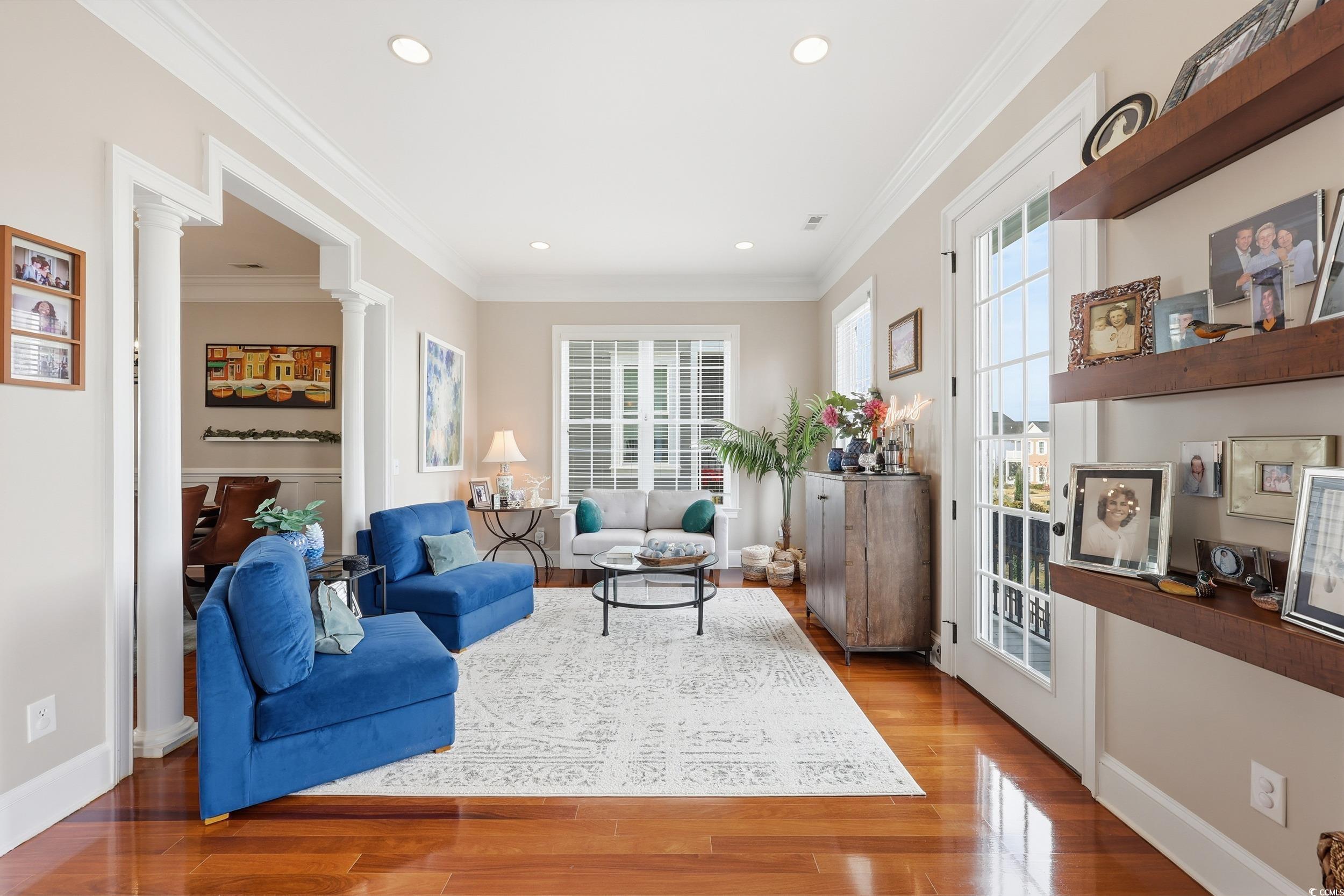 349 St.Julian Lane Myrtle Beach, SC 29579 - Photo 5 of 40 Living room with crown molding, wood finished floors, and recessed lighting
