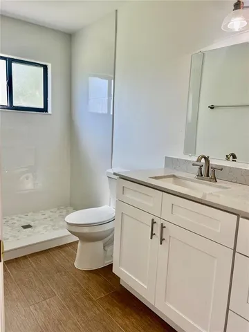 a bathroom with a sink mirror toilet and vanity