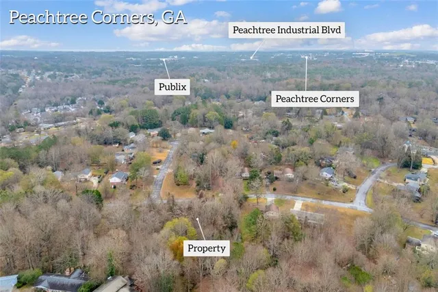a view of a dry yard with trees