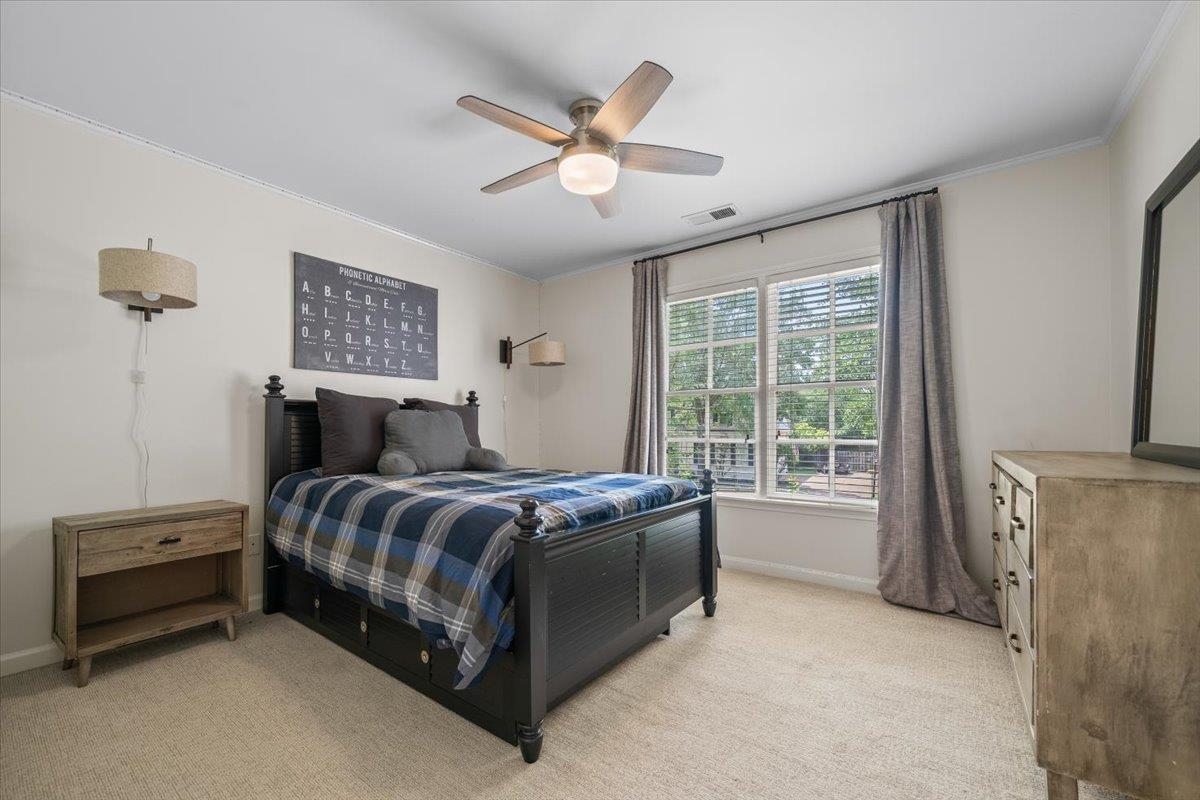 1876 Liles Lane Collierville, TN 38017 - Photo 18 of 36 Carpeted room featuring a ceiling fan, crown molding, and a large window with blinds
