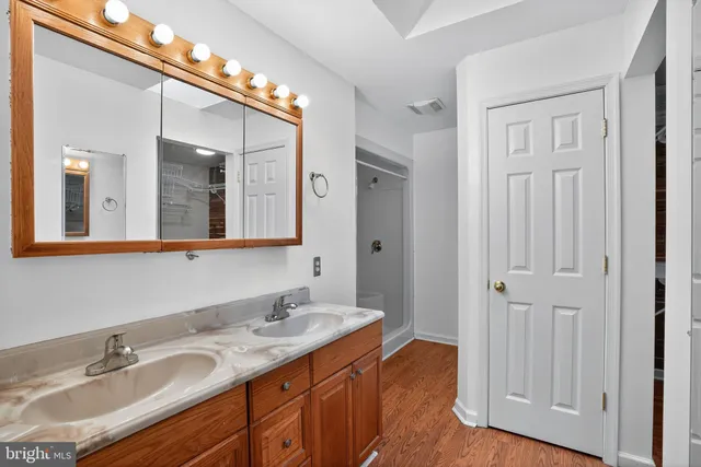 a bathroom with a sink vanity and a mirror