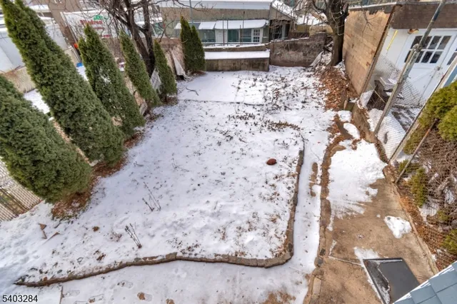 a view of a yard with plants and trees