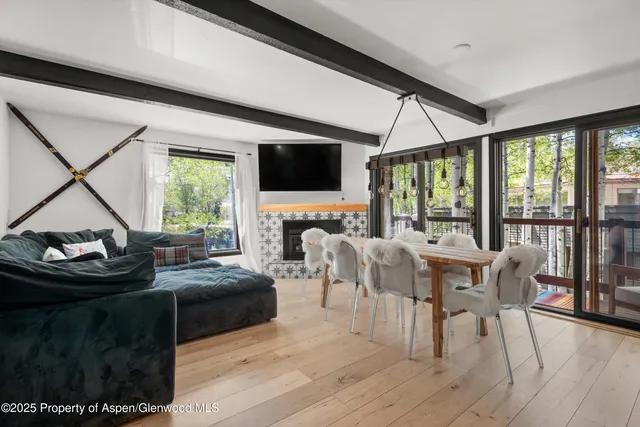 a living room with fireplace furniture and a flat screen tv