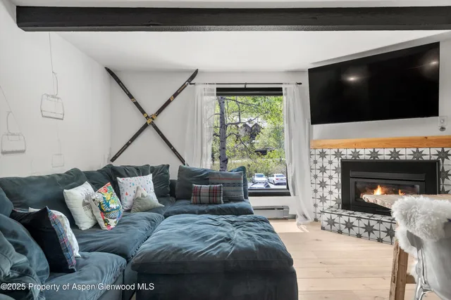 a living room with furniture a flat screen tv and a fireplace