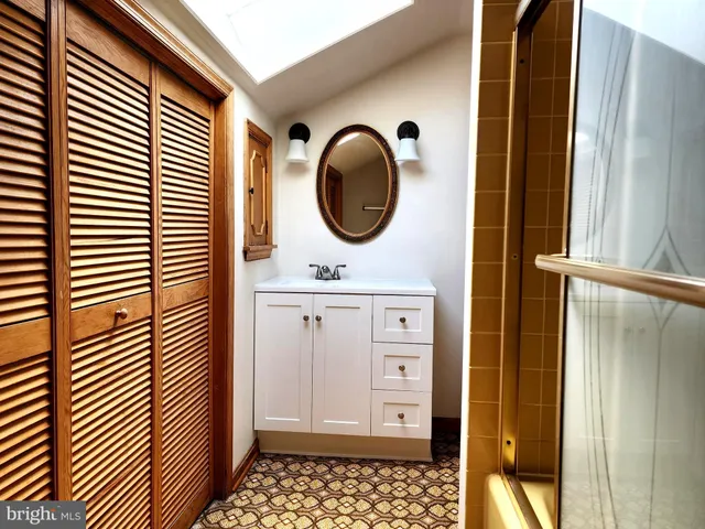 a bathroom with a sink a mirror and a shower