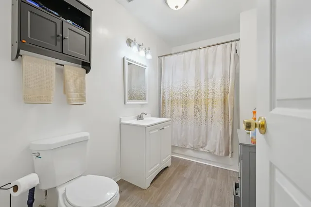 a bathroom with a sink a toilet and shower curtain