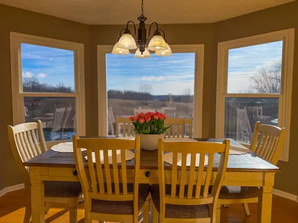 a view of a dining room with furniture window and outside view