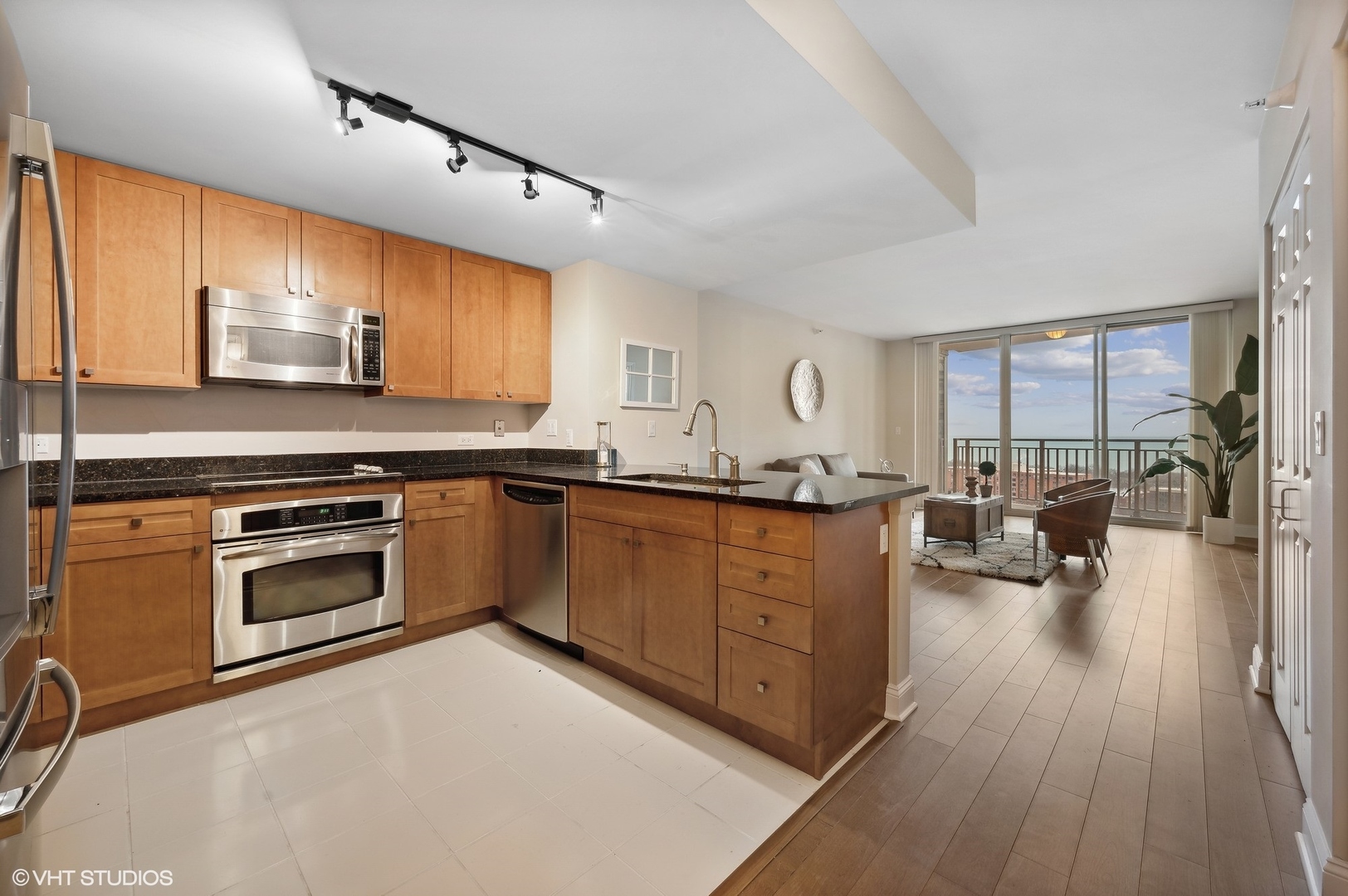 807 Davis Street, Unit 1610 Evanston, IL 60201 - Photo 6 of 19 a kitchen with stainless steel appliances granite countertop a stove a sink dishwasher and a microwave oven with wooden floor
