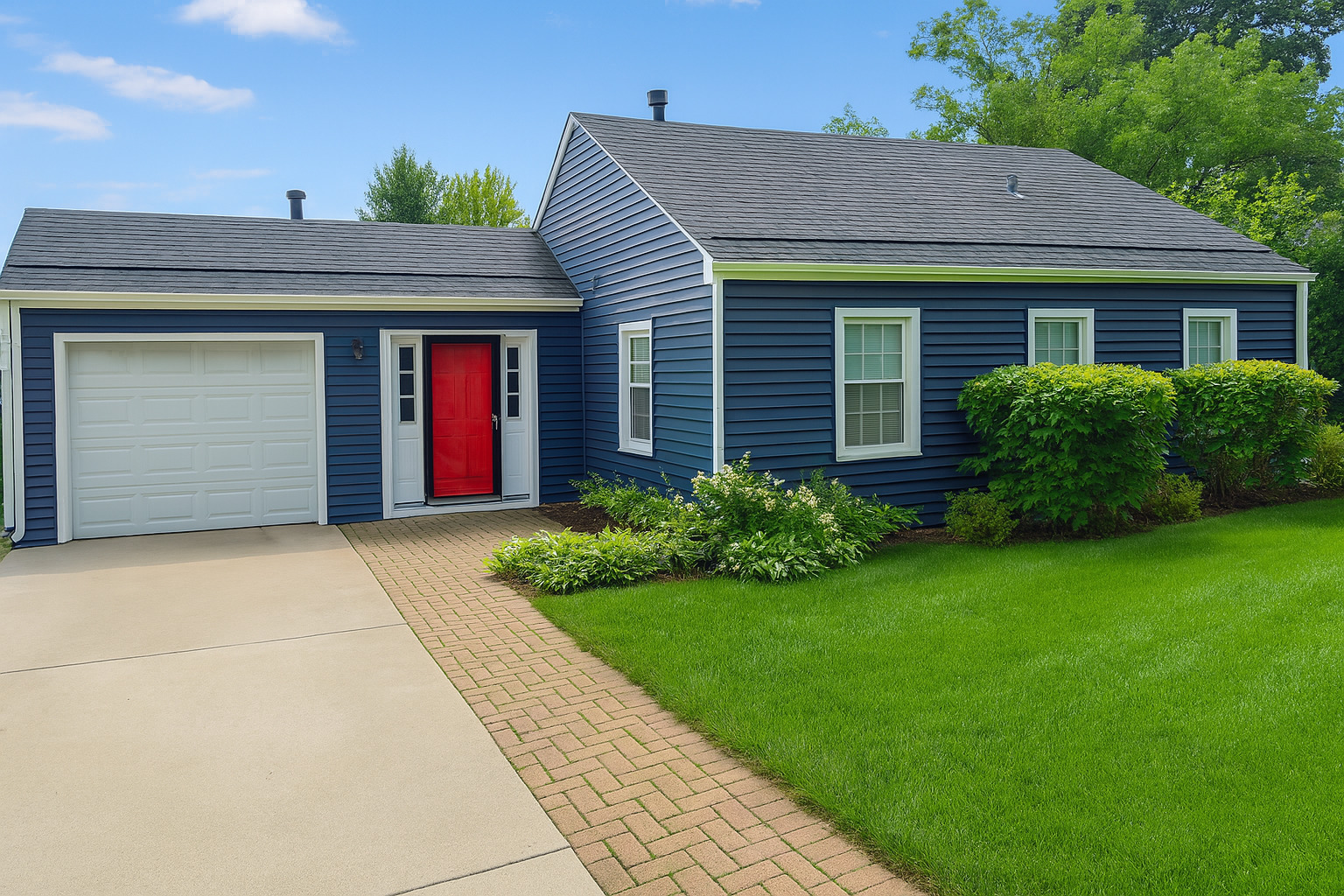 a view of a house with garden and yard