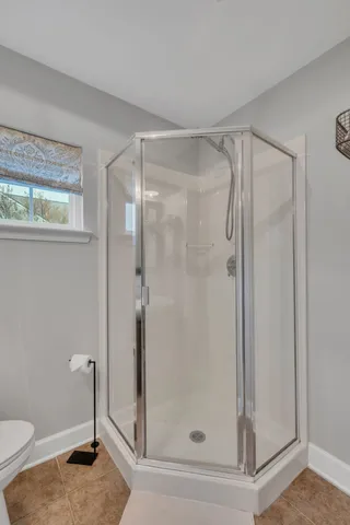 a bathroom with a shower and toilet