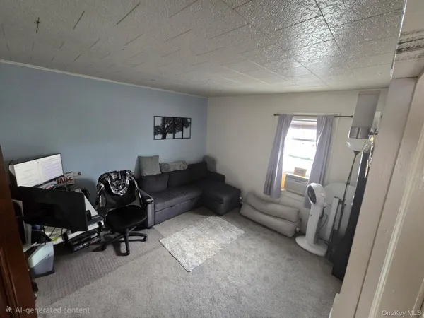 a living room with furniture and a piano