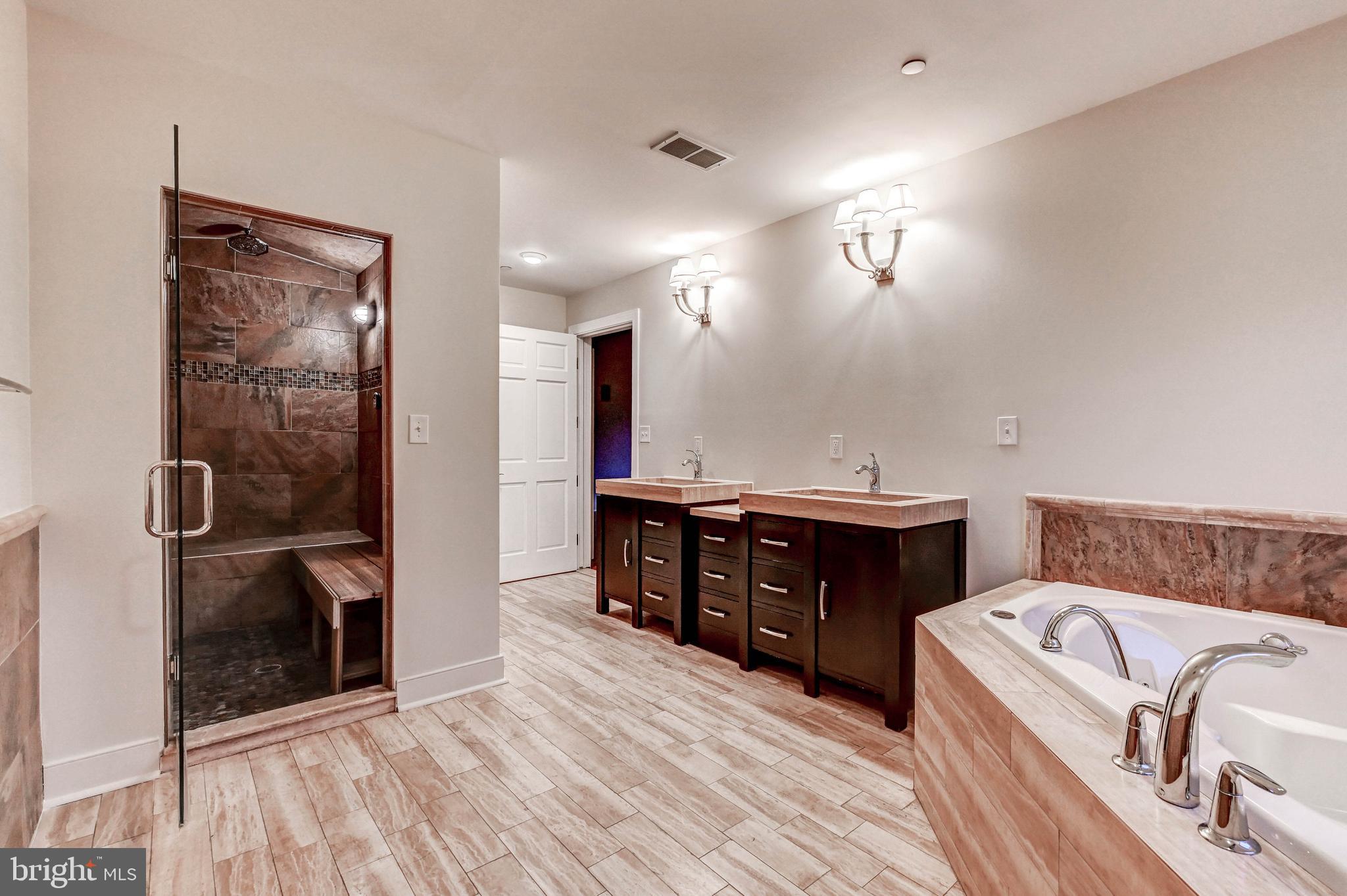 14412 Cuba Road Cockeysville, MD 21030 - Photo 25 of 35 a spacious bathroom with a granite countertop sink a mirror and shower
