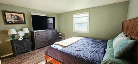 a bed room with a bed and a television