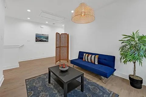 a living room with furniture and a potted plant
