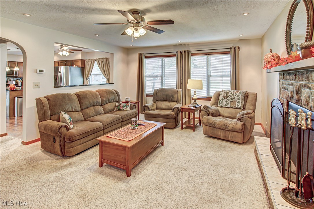 4234 Grafton Road Brunswick, OH 44212 - Photo 8 of 40 Carpeted living room with ceiling fan and a textured ceiling