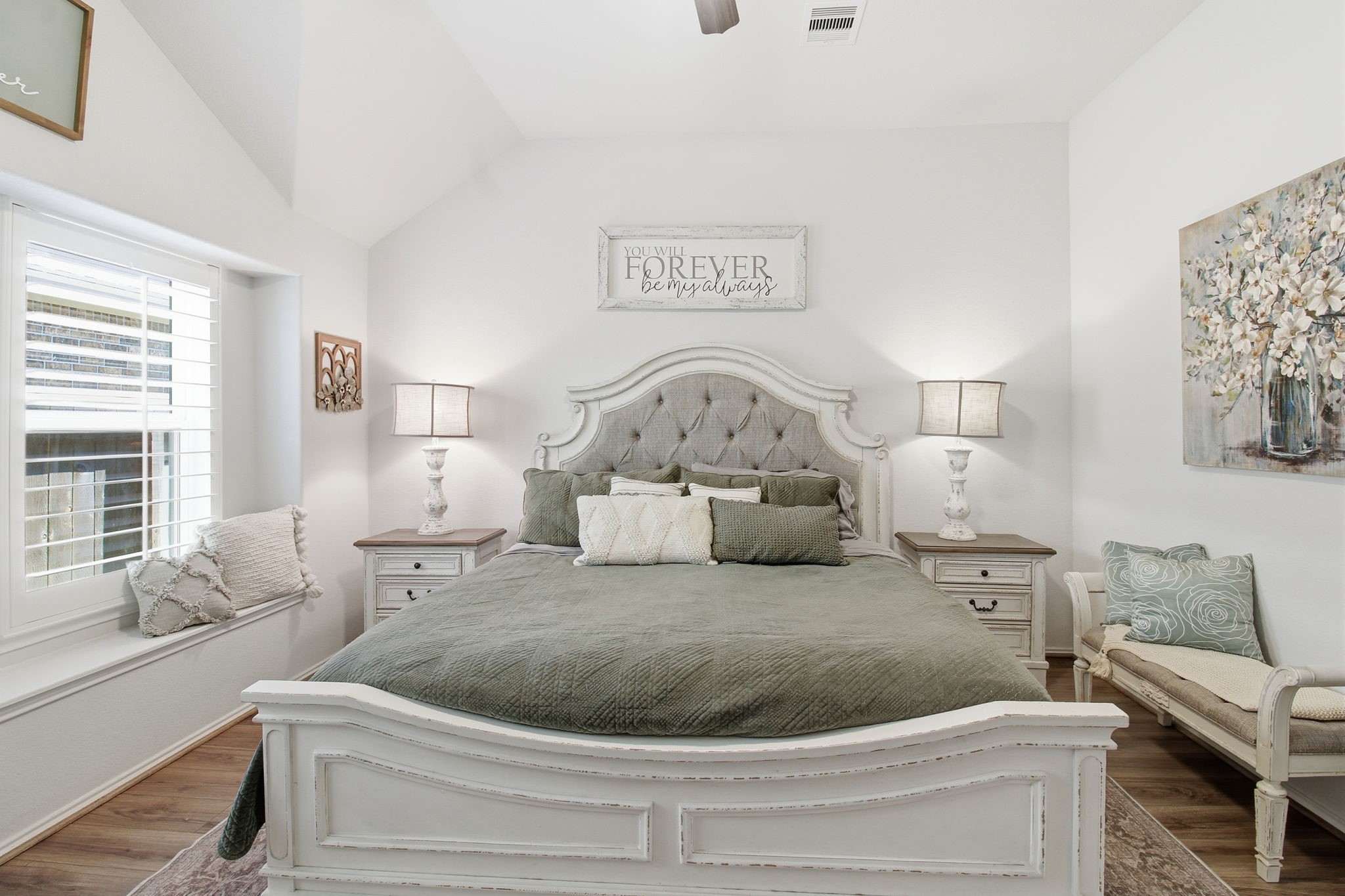 1705 Diamond Mountain Drive Rosharon, TX 77583 - Photo 16 of 21 Primary Bedroom, complete with custom shutters and a sitting bench.