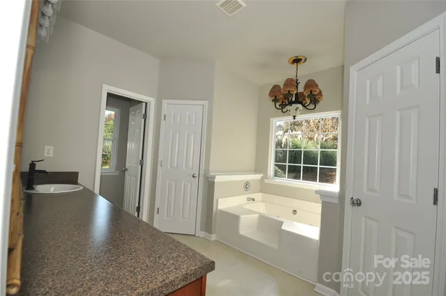 a bathroom with a tub a sink and a large mirror