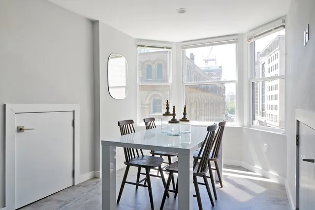 a view of a dining room with furniture and window