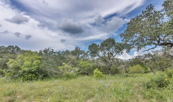 a view of a lake in between two of trees