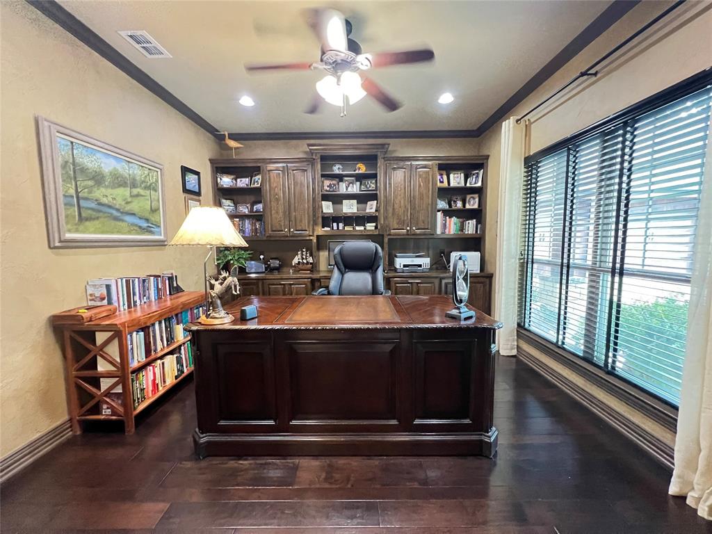 187 Private Road 5987 Yantis, TX 75497 - Photo 11 of 40 Home office with ornamental molding, dark wood-type flooring, and ceiling fan