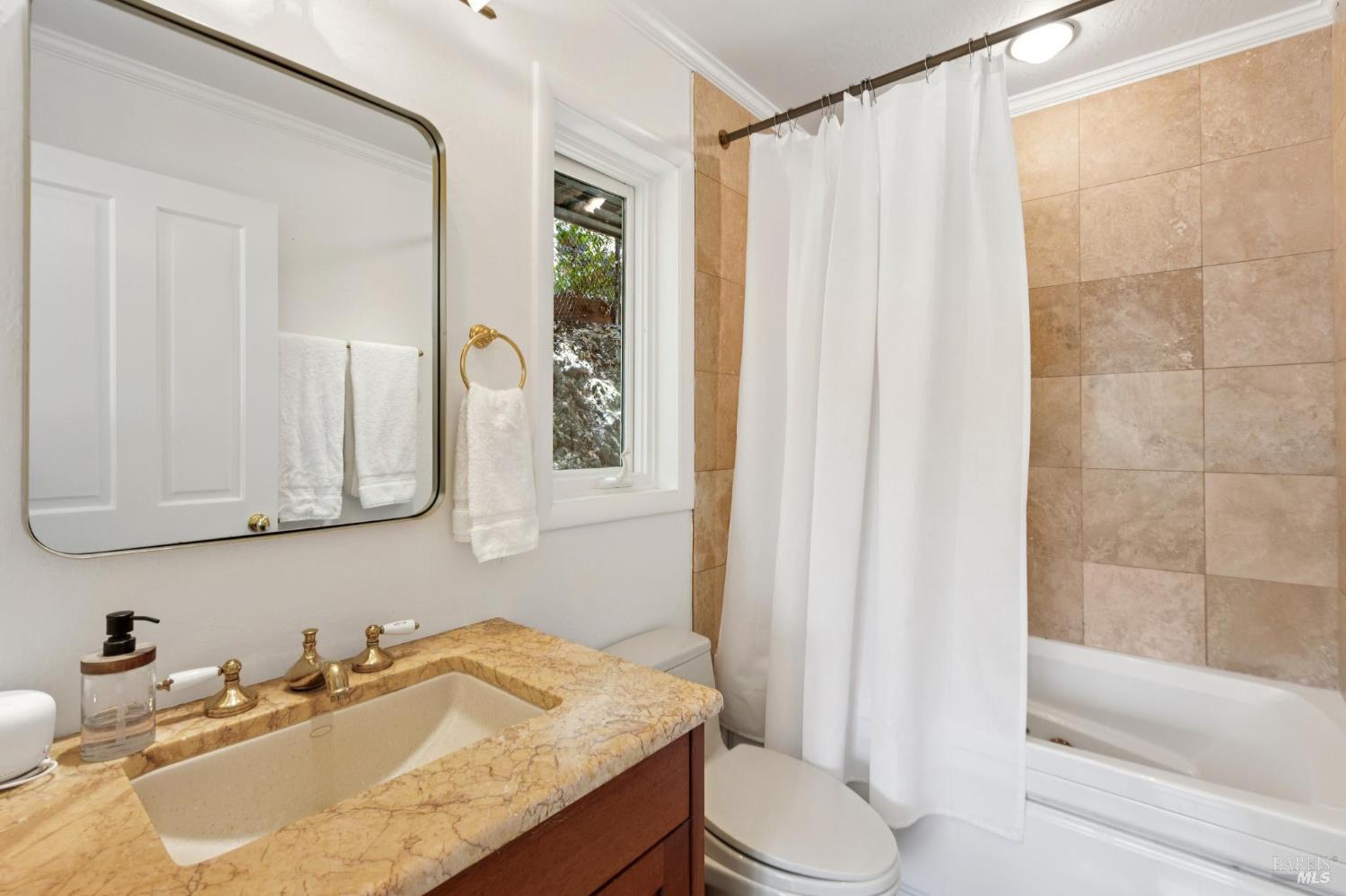 222 Marguerite Avenue Mill Valley, CA 94941 - Photo 46 of 59 a bathroom with a granite countertop sink toilet and shower