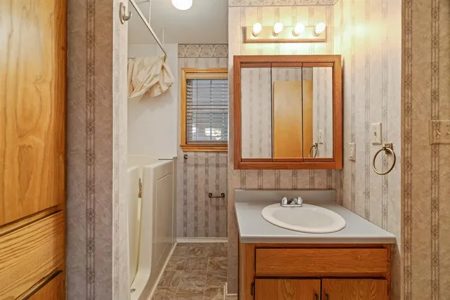 a bathroom with a sink a mirror and a shower