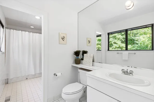 a bathroom with a sink toilet vanity and window