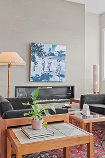 a living room with furniture and potted plant