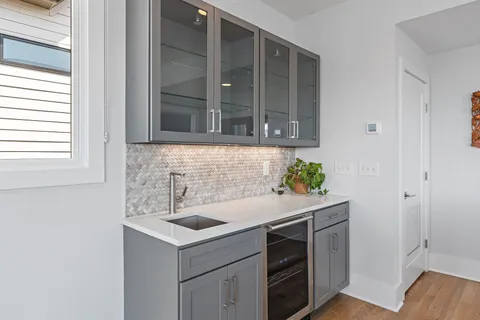 a bathroom with a shower curtain