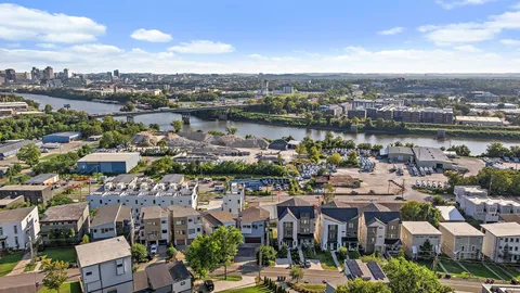 a view of a lake and a city
