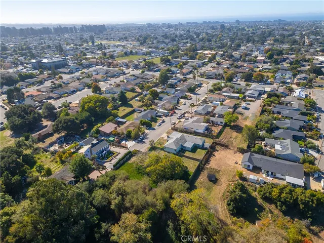 an aerial view of residential houses with outdoor space and trees