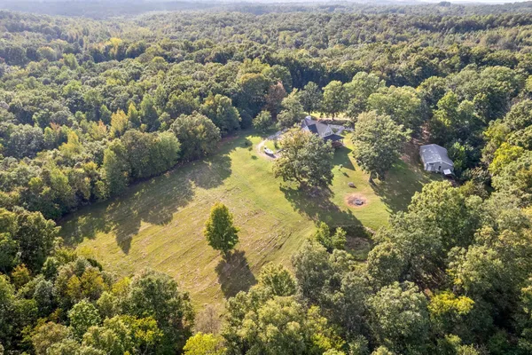 a view of a yard with trees in the background