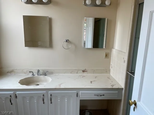 a bathroom with a sink and a mirror