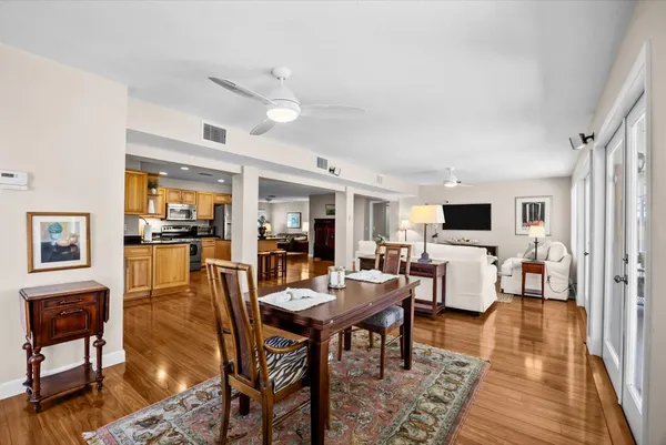 a view of a dining room with furniture