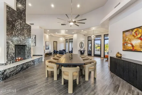 an aerial view of a house with a garden
