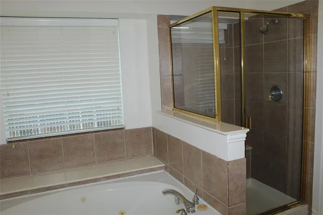 a bathroom with a shower and a bathtub