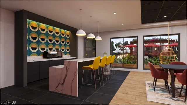 a view of a dining room with furniture and chandelier